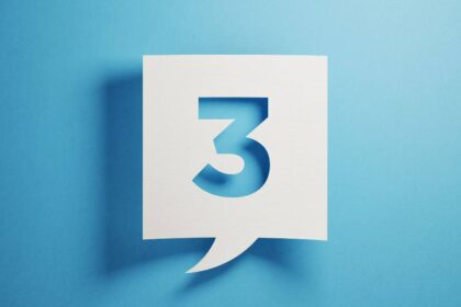 Number three written on white chat bubble on blue background